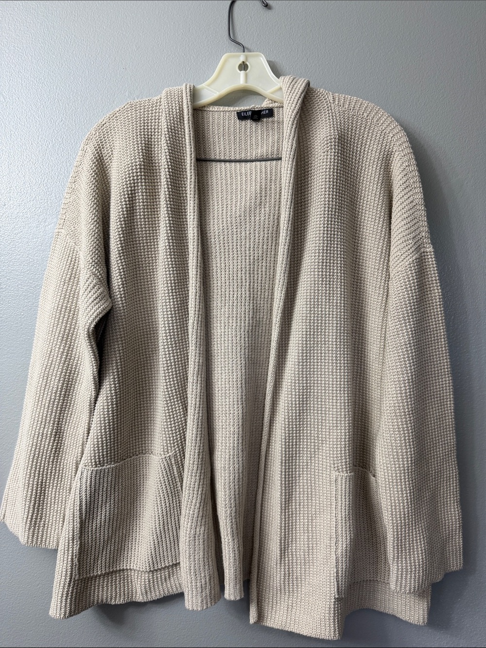 Eileen Fisher waffle knit open front cream tan organic cotton cardigan